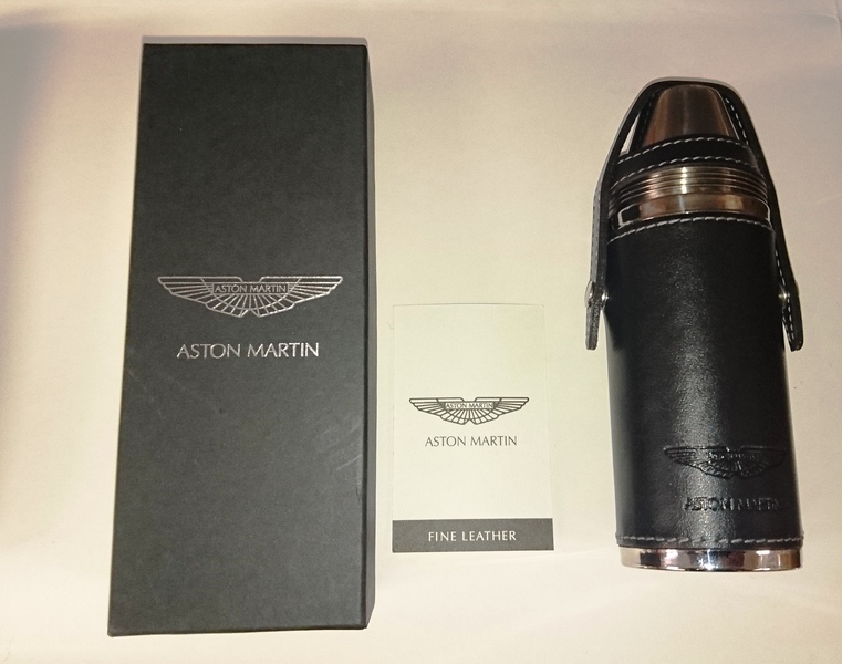 Aston Martin Leather Travel Flask with Cups Black