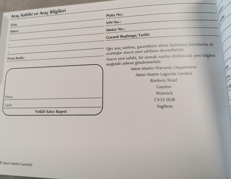 Image of V8 VANTAGE SERVICE RECORD AND OWNERS HANDBOOK TURKEY